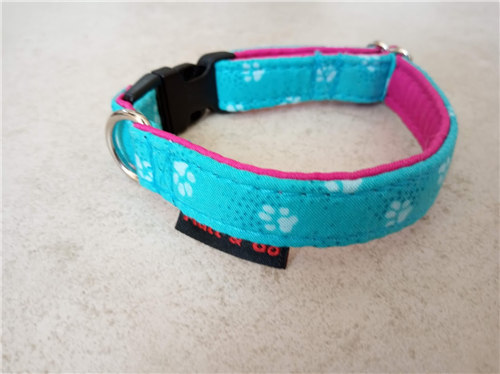 Bavlněný obojek 1,6 cm, tyrkysová s tlapkami - růžová - foto 1