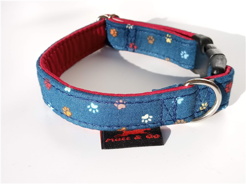 Bavlněný obojek 2 cm, tm. modrá s tlapičkami - tmavá červená - foto 1